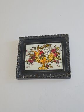 Vintage Beautiful Folk Art Reverse Artwork Tinsel Foil Flowers In Vase Framed
